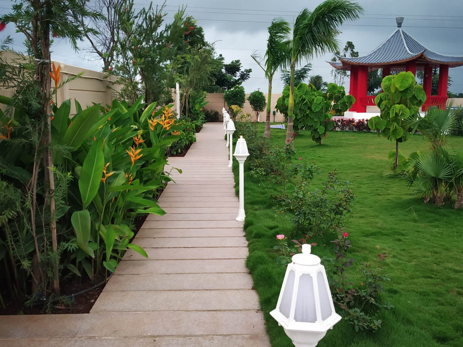 Garden bridge with decorative mushrooms
