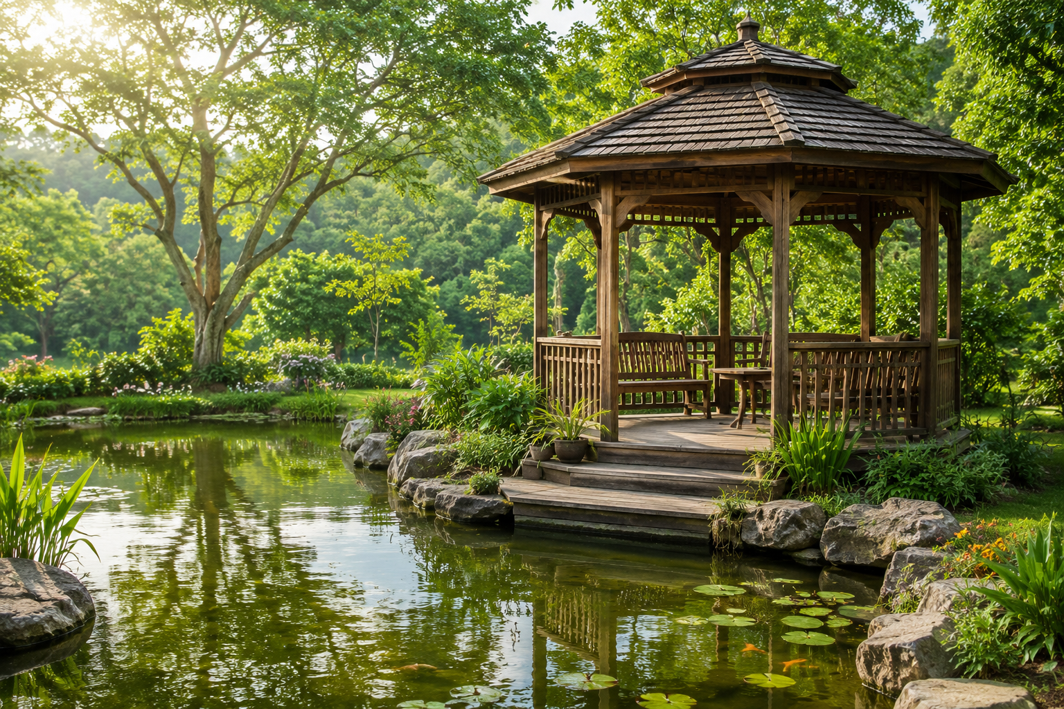 Wooden gazebo beside a pond