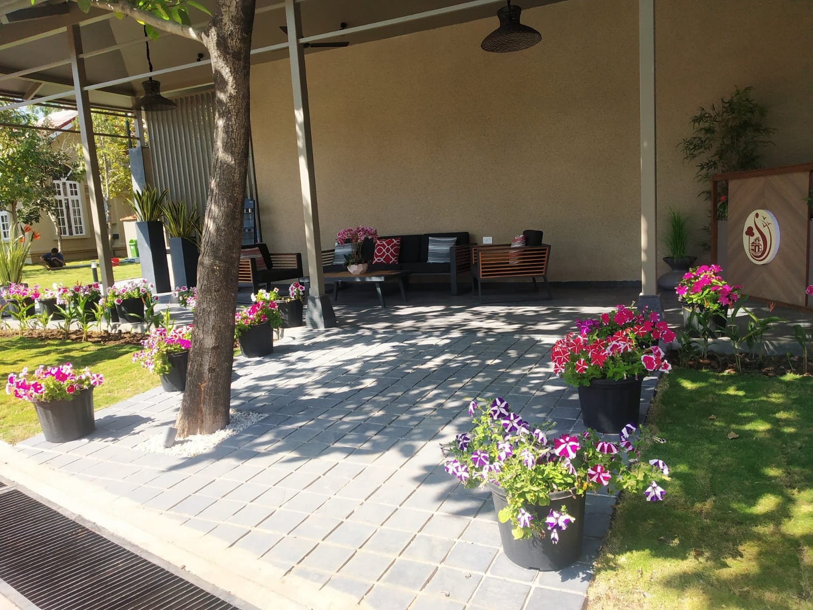 Checkerboard grass and paver design