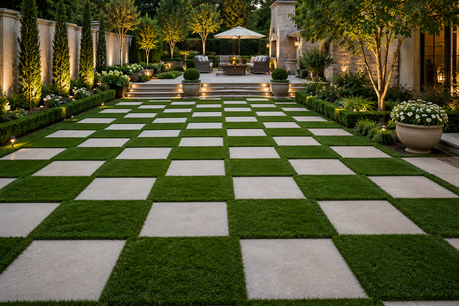 Checkerboard grass and paver design