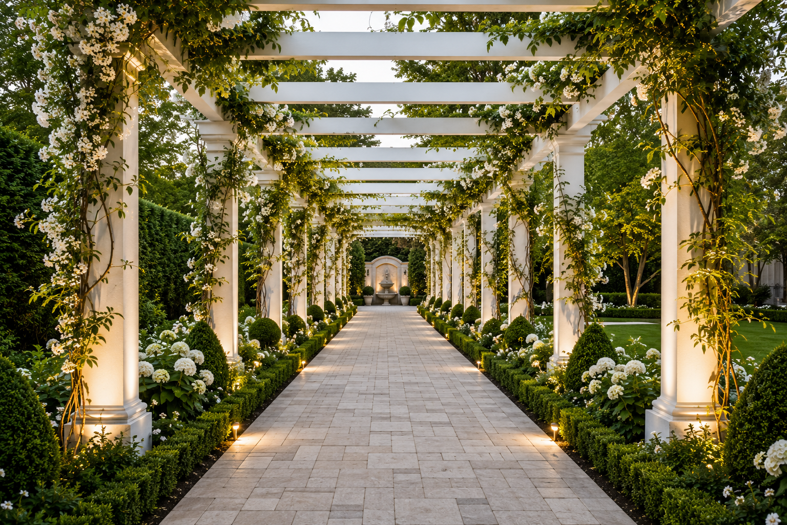 White pergola avenue with climbers