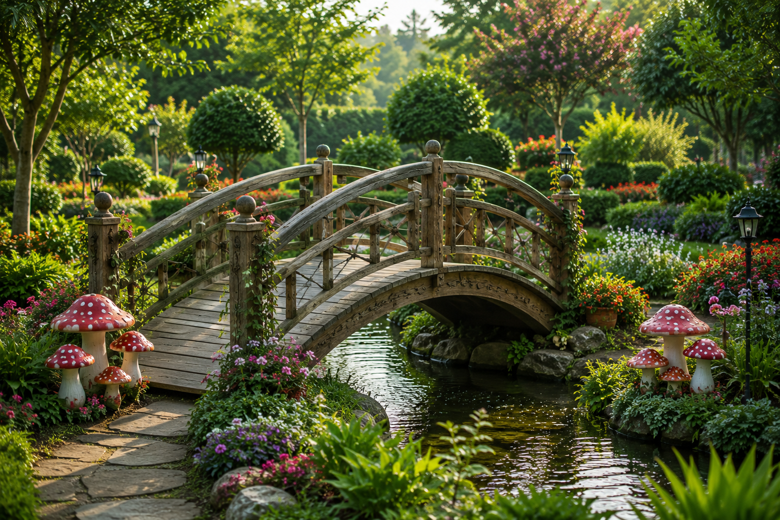 Garden bridge with decorative mushrooms